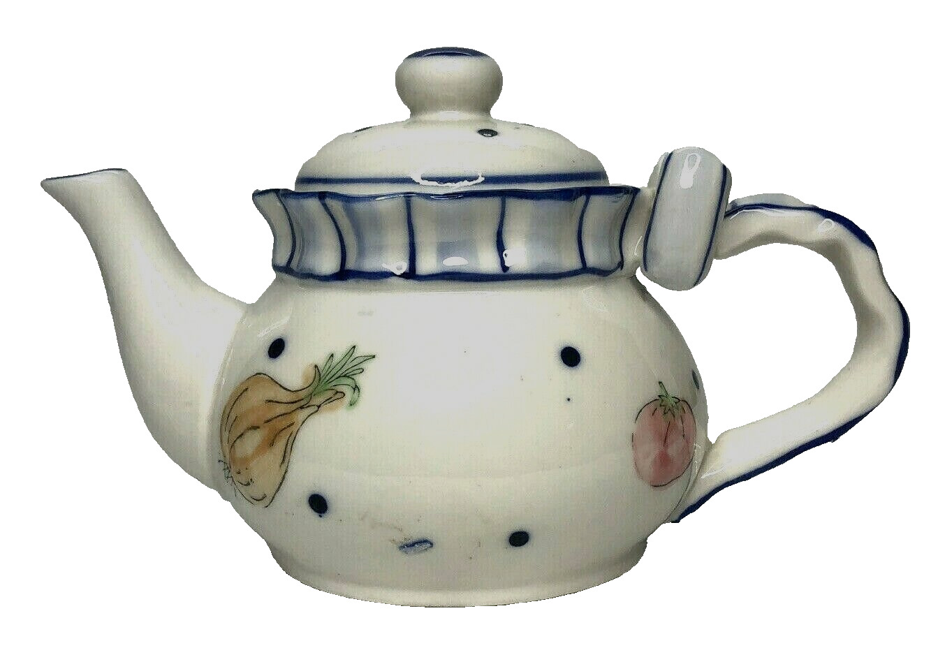 Ceramic Individual Teapot Blue White Onion Shallot Motif w Bow 4.5\