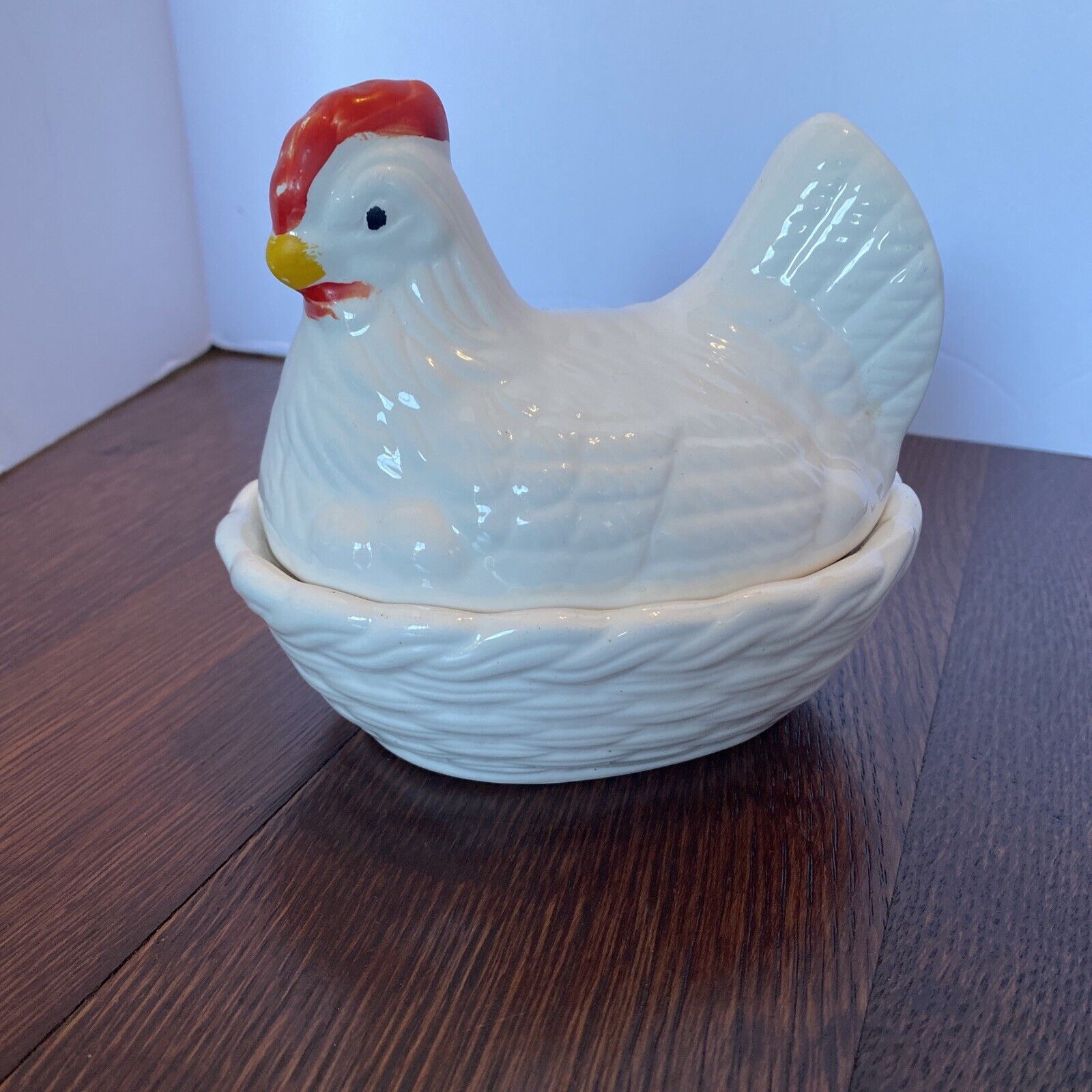 Vintage Hen on Nest Ceramic, White Hen Red Comb, Country Kitchen Decor Farmhouse