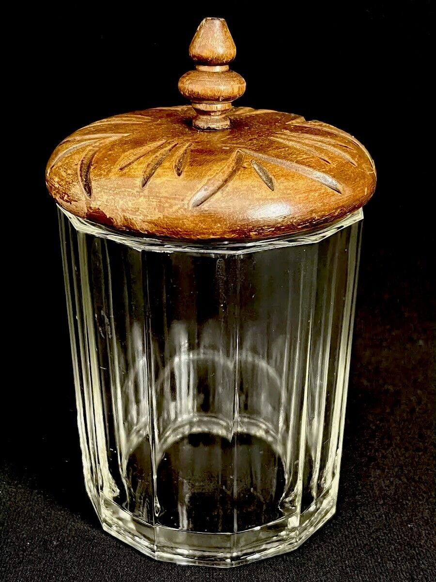 Antique Heavy Ribbed Glass Humidor Tobacco Jar with Tight Hand Carved Wood Lid
