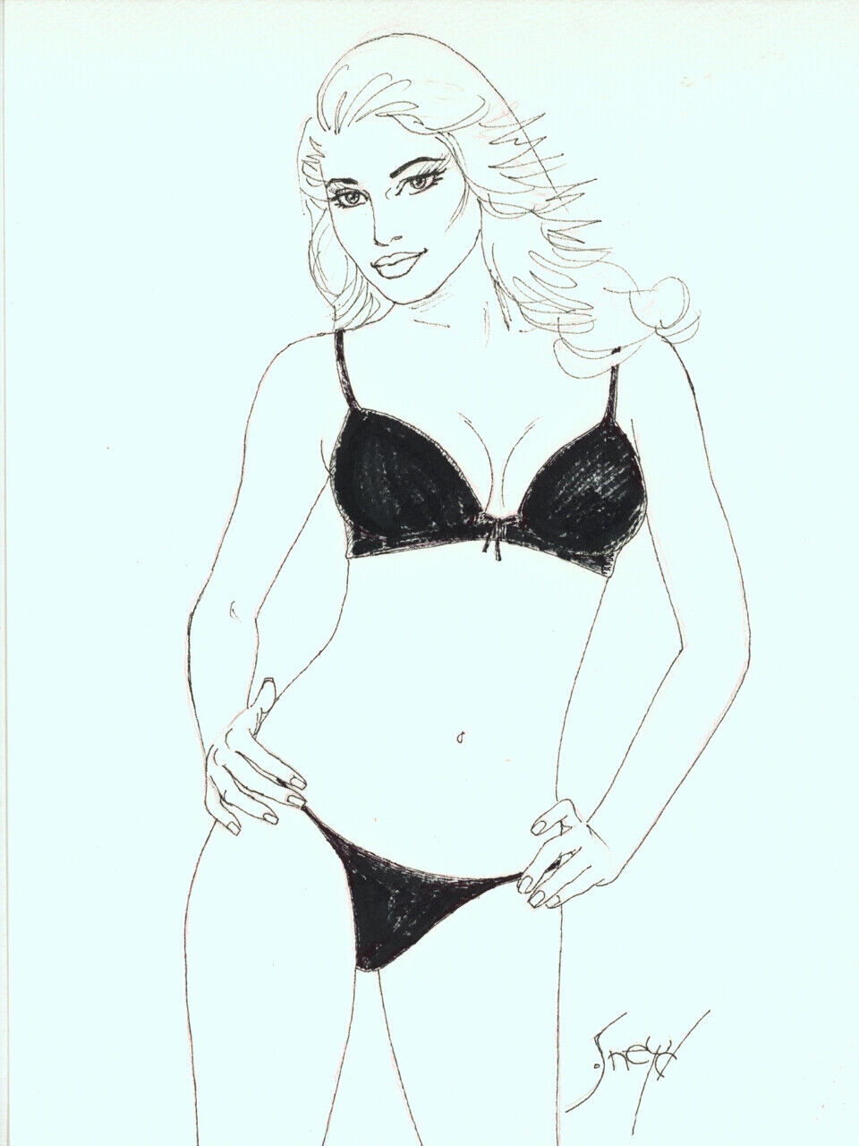 Playboy Artist Doug Sneyd Signed Original Art Sketch Girl In Black Bikini