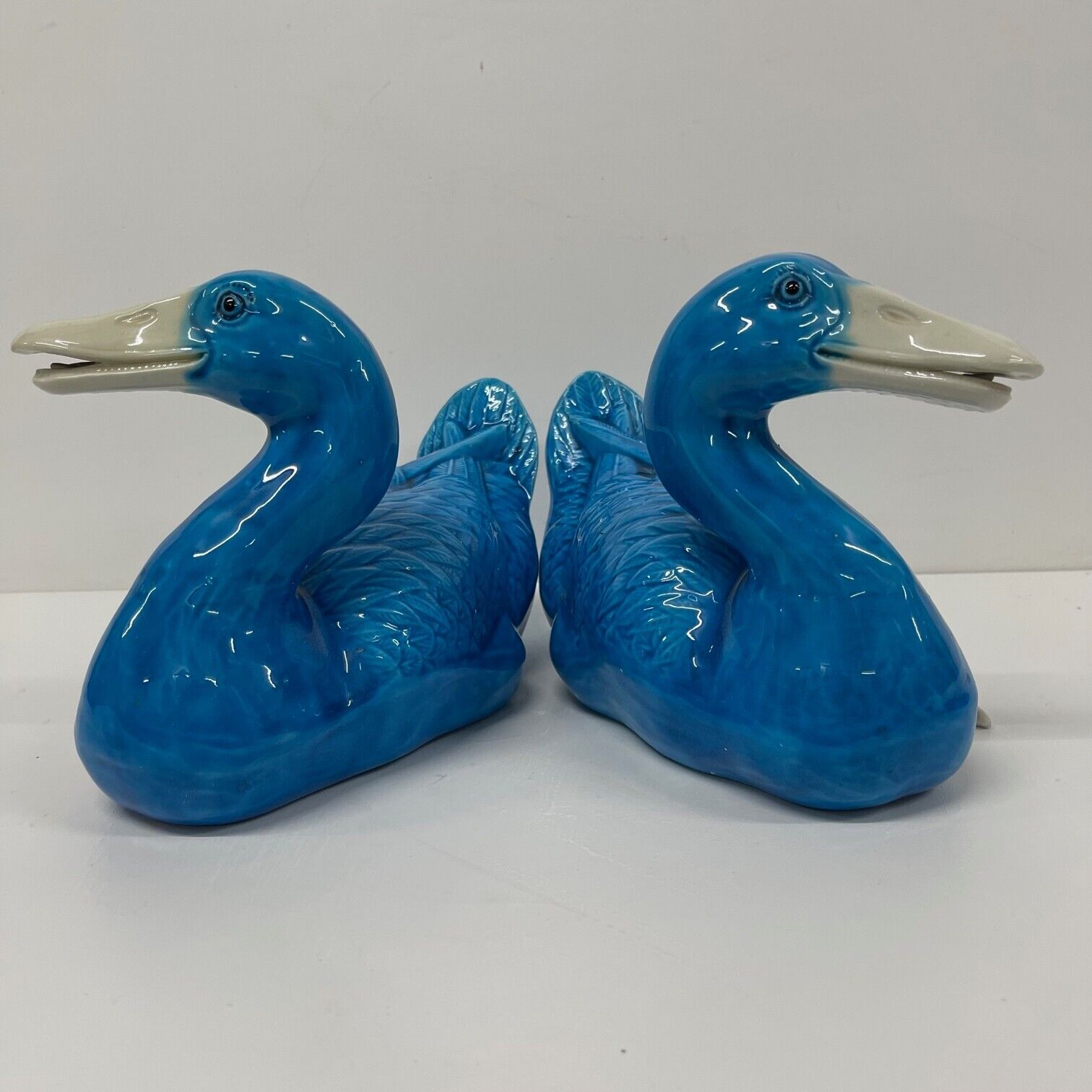 Pair Vintage Ceramic Ducks Blue Decorative mid century