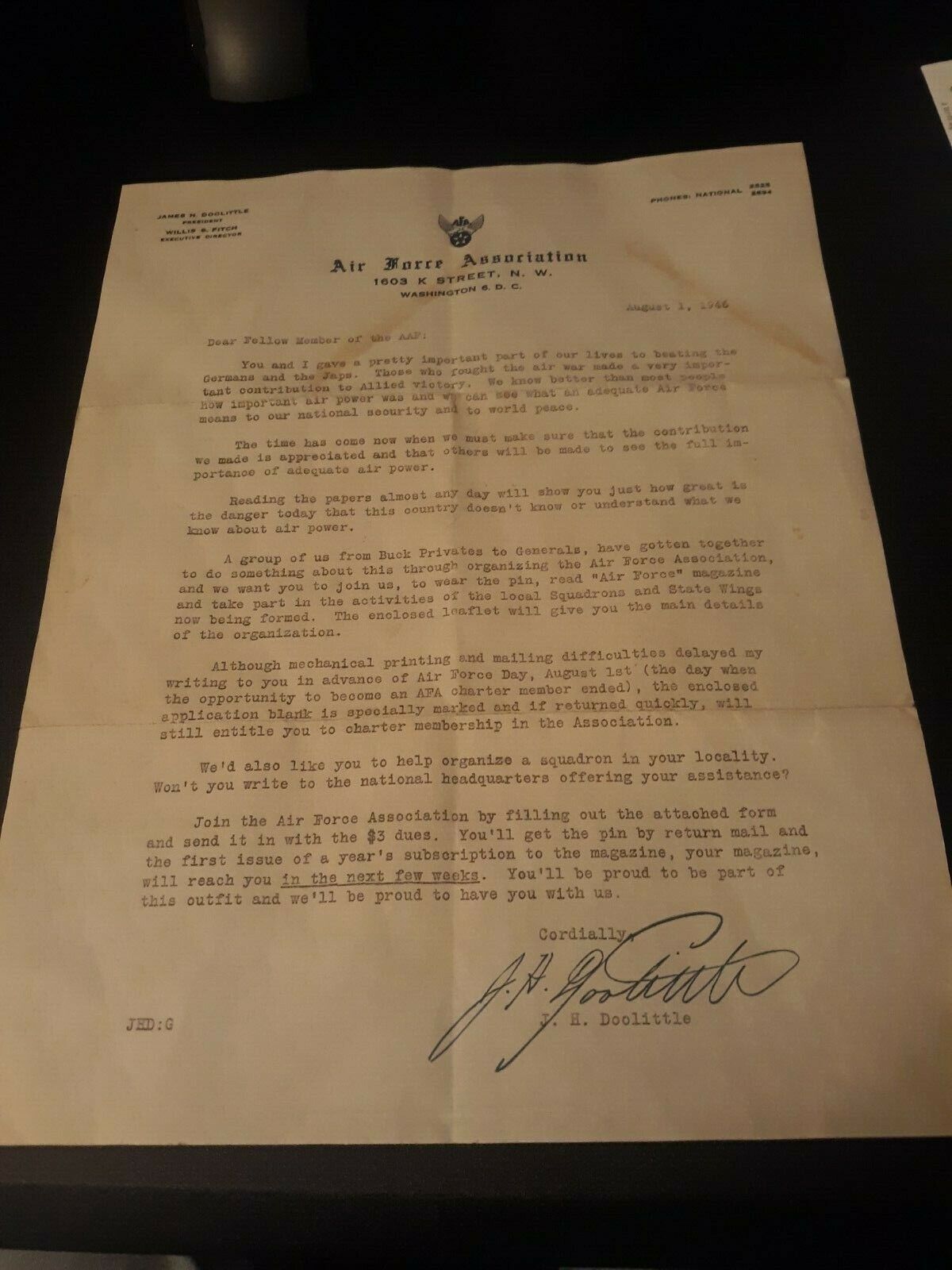 James h doolittle general autographed paper RARE 1946 authentic signiture 