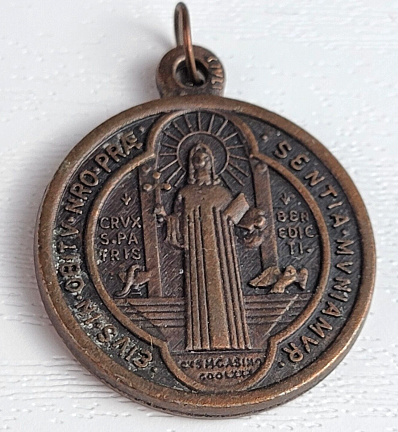 Antique Religious Bronze Jubilee Medal St. Benedict Cross Pendant Christianity
