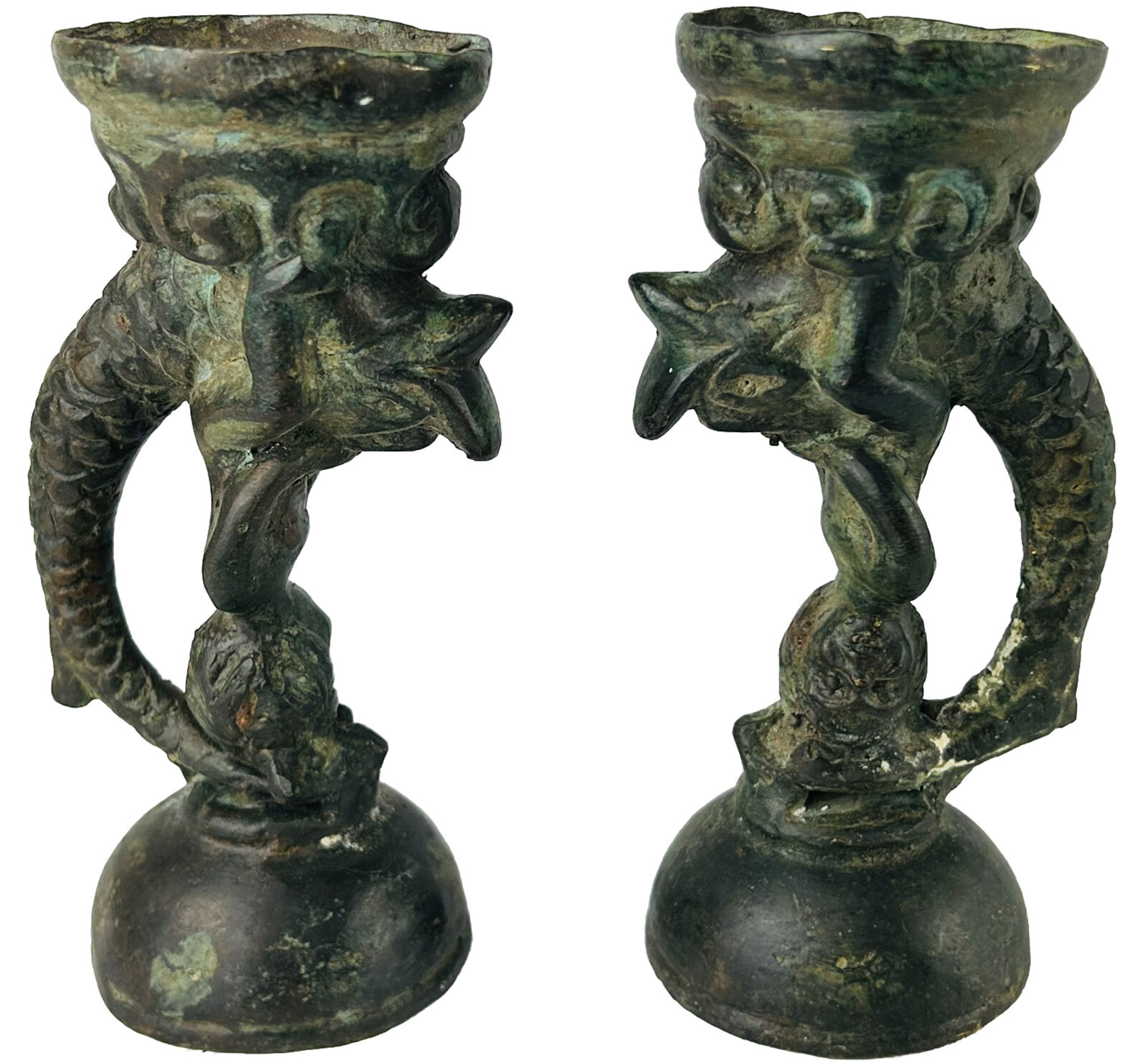 Vintage Antique Pair (2) Metal Ornate KOI FISH Candle Holders primitive Gothic