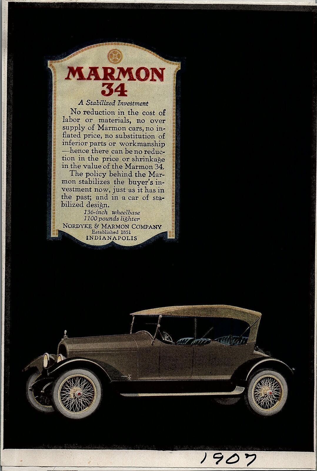 1920s MARMON 34 COLOR AUTOMOBILE PRINT AD VINTAGE ADVERTISMENT 37-118
