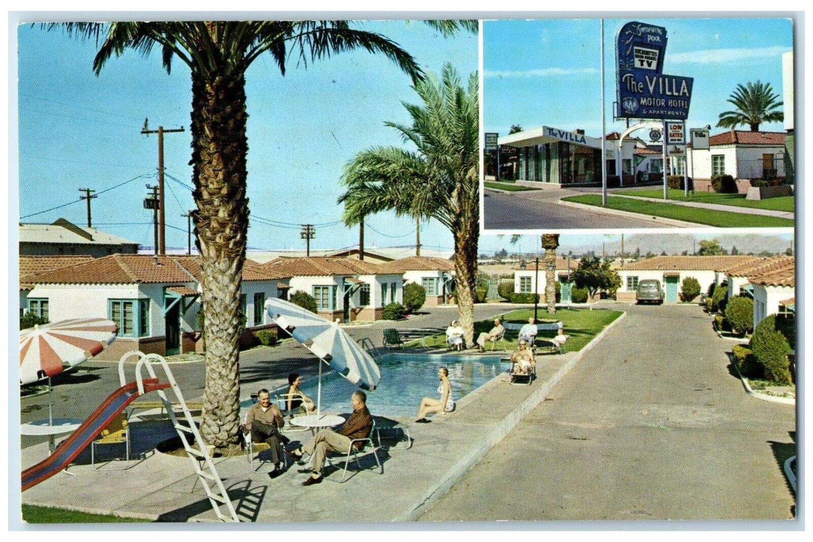 c1950's The Villa Motor Hotel Van Buren Phoenix Arizona AZ, Pool Scene Postcard