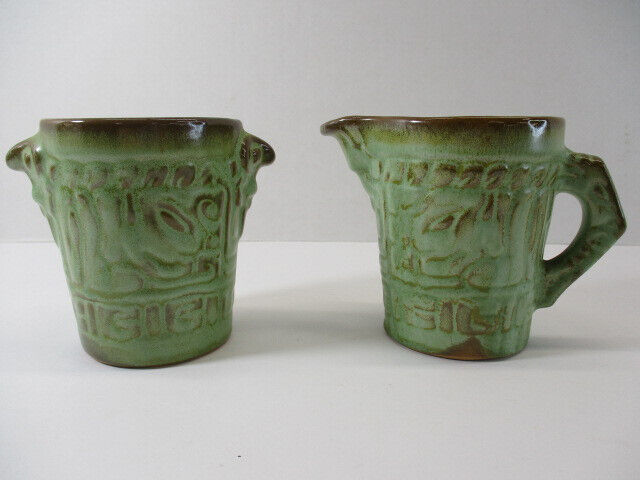 Vtg Frankoma Pottery Mayan Aztec Cream Pitcher Sugar Bowl Green & Brown 7A 7B