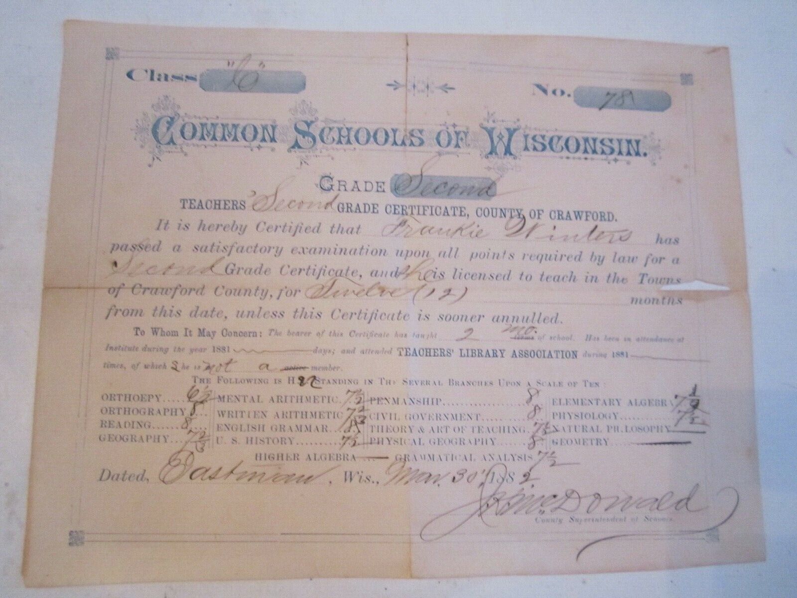 1882 2ND GRADE CERTIFICATE - COMMON SCHOOLS OF WISCONSIN - 8 1/2\
