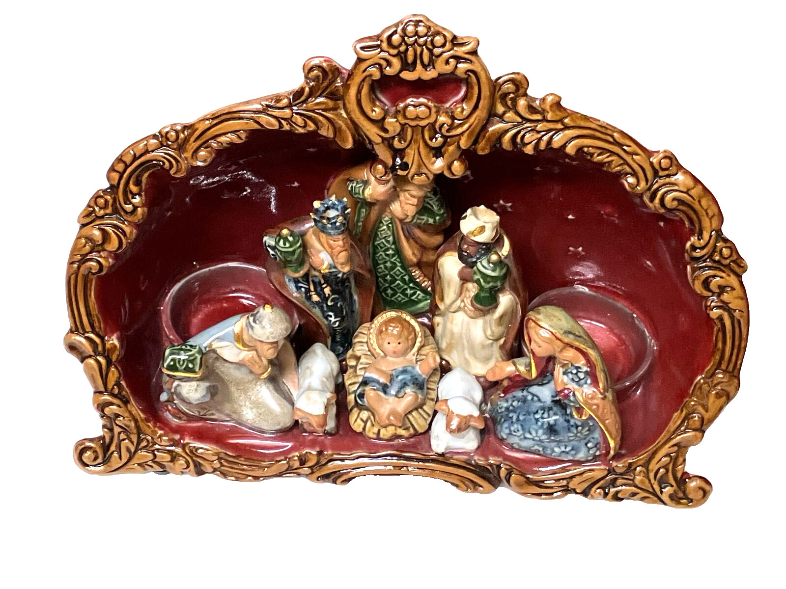Vintage Tii Collections Glazed Ceramic Christmas Nativity 2 Candle Holder 3D