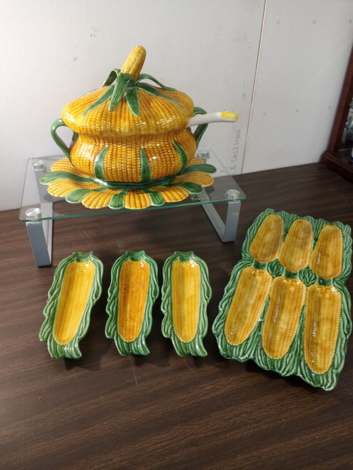 Vintage Majolica Portugal Ceramic Corn Tureen With Laddle And Platter Also Comes