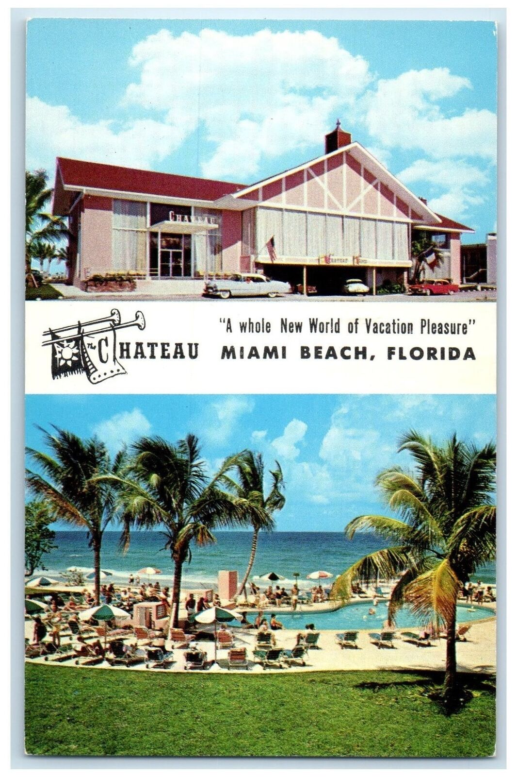 c1960 Chateau Motel Exterior Miami Beach Florida FL Unposted Sunbathing Postcard