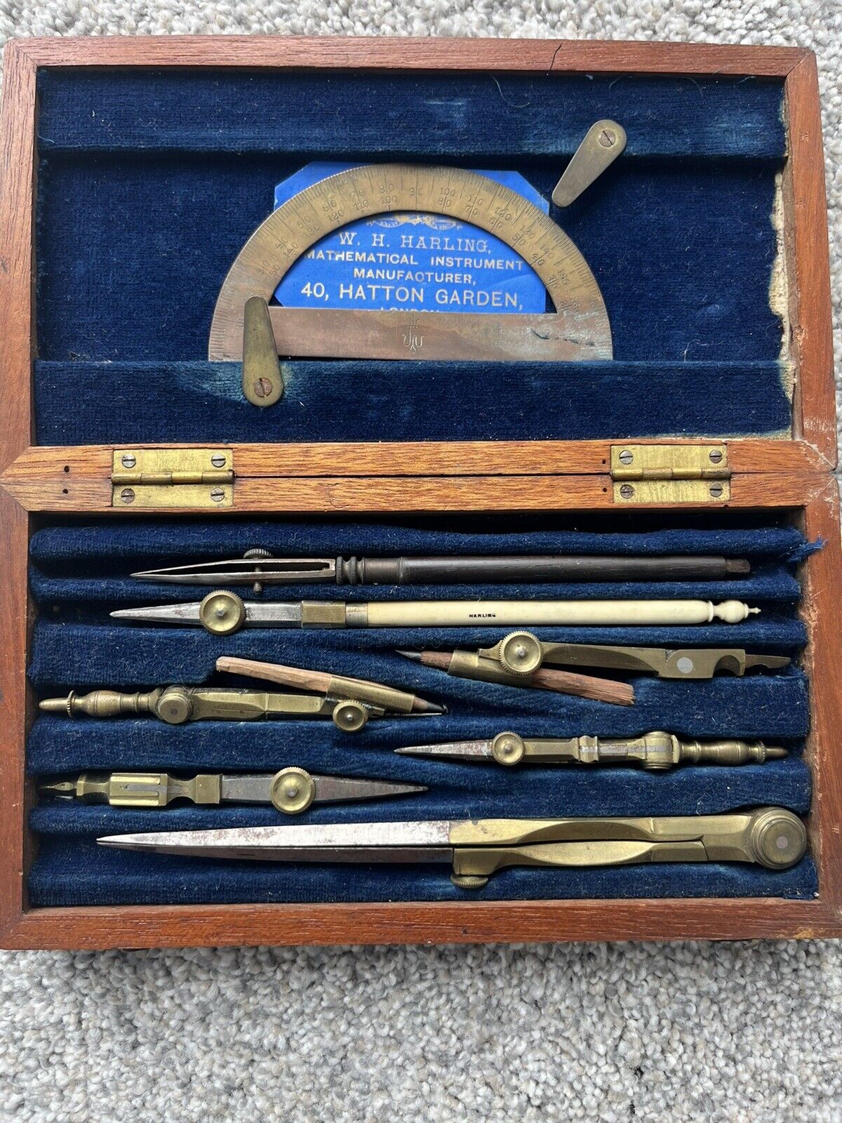 Vintage W. H Harling Technical Drawing Set Wooden Box Mathematical Instruments