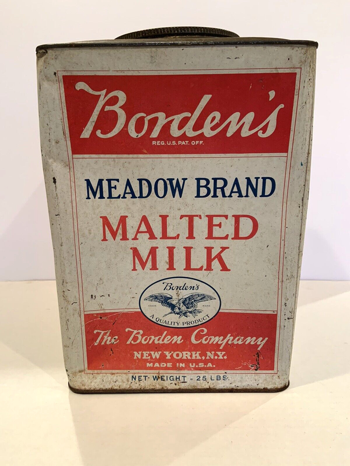 Vintage Borden's Meadow Brand Malted Milk 25 Pound Tin with Eagle Logo