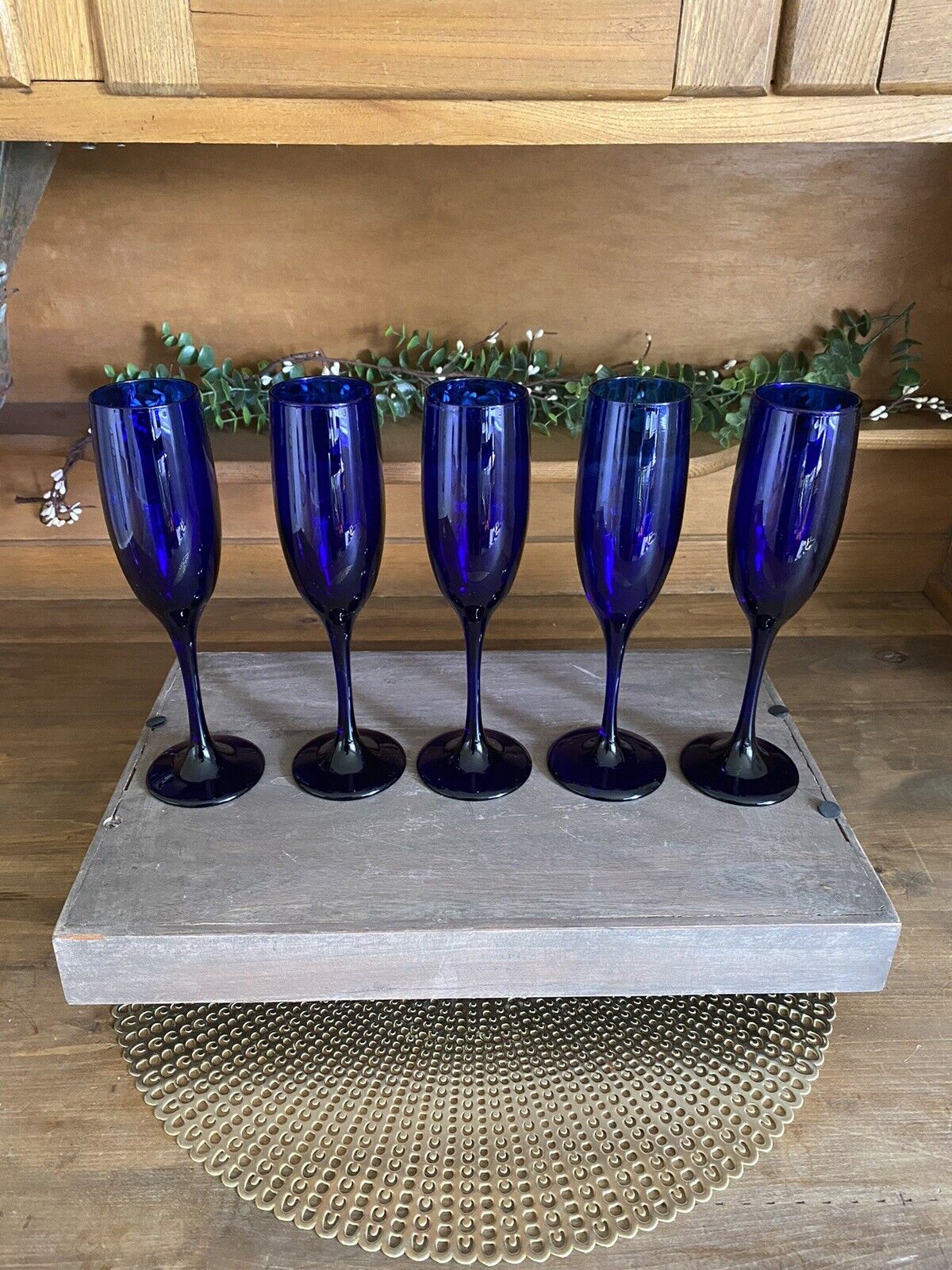Set of 5 Premiere Cobalt by Libbey Fluted Champagne Glasses Blown Glass 8.75