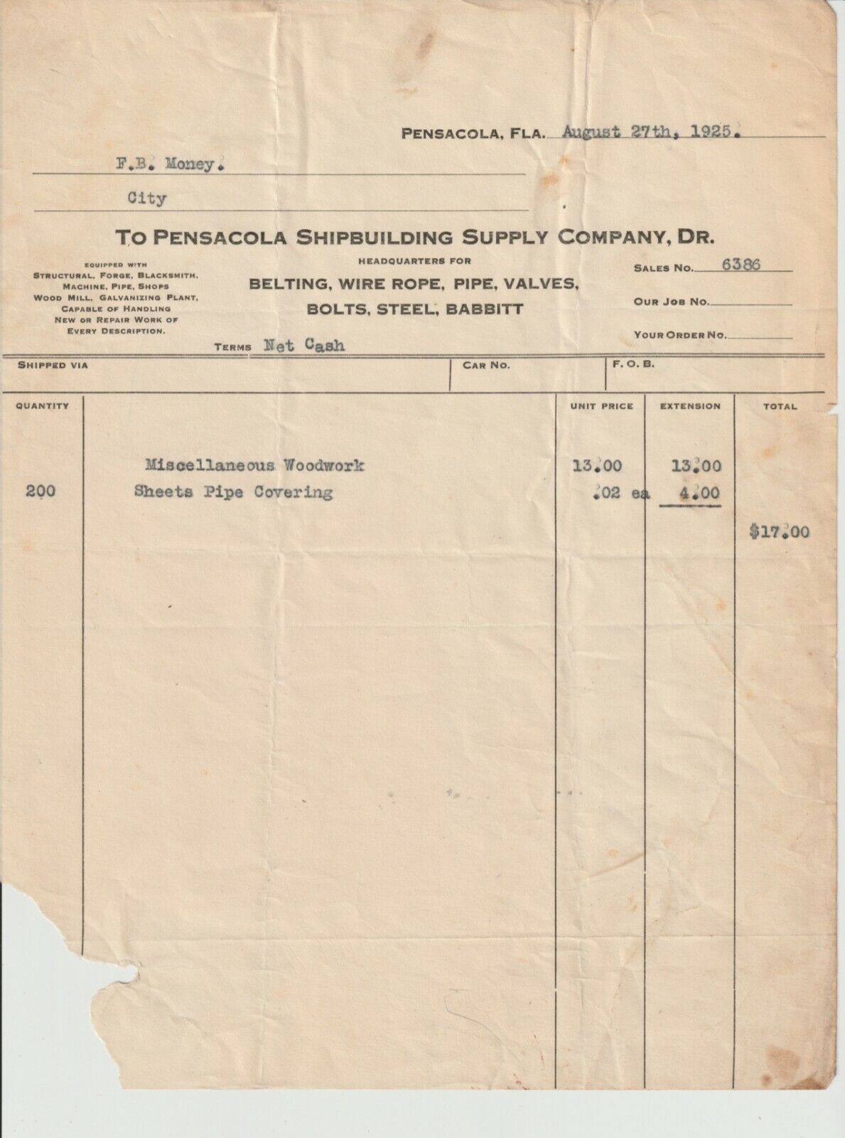 Pensacola shipbuilding co of Florida Antique Letterhead Bill Check 1925 FL 4
