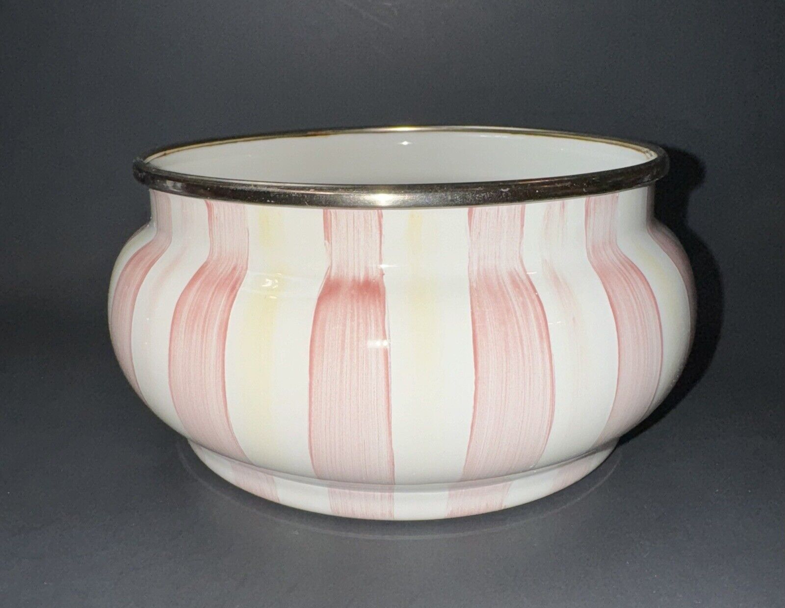 Vtg MacKenzie-Childs Pink & White Striped Metal Pot Bowl Thistle Mark