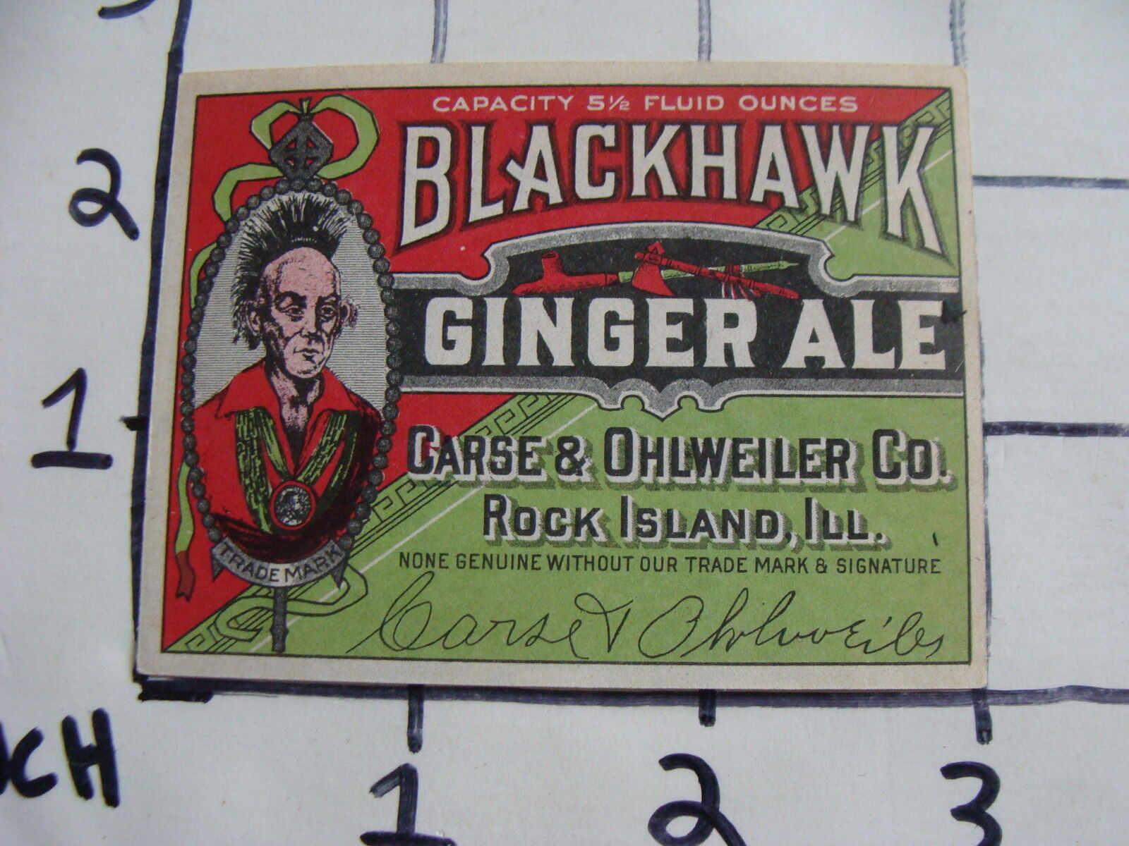 Original Vintage Label: BLACKHAWK GINGER ALE 5 1/2 oz. EARLY Rock Island Ill