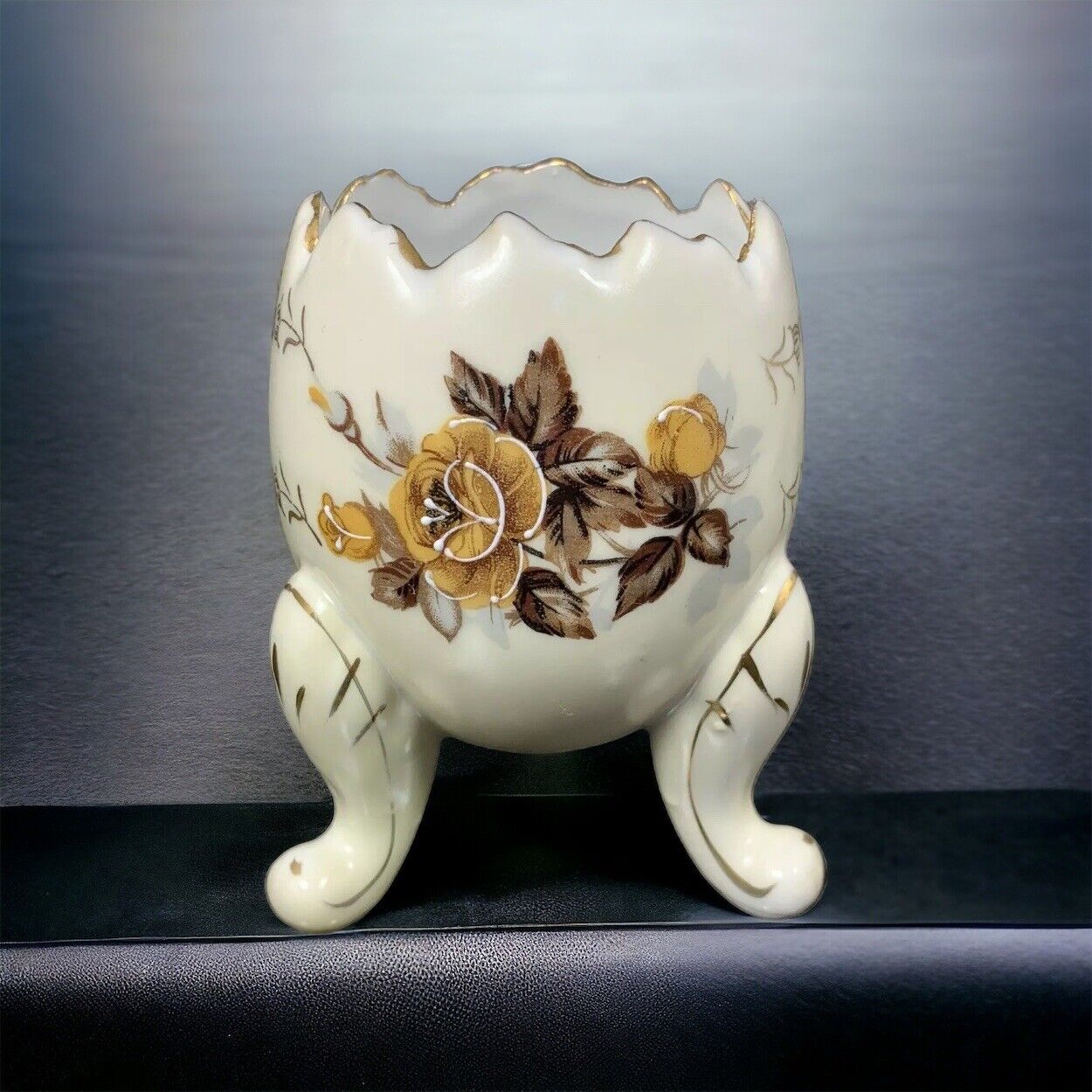 Napcoware Cracked Egg Ivory Color Vase / Planter W Brown Painted Roses Vintage