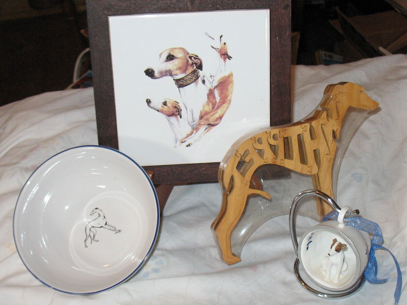 Lot of (4) Whippet Dog Items ~Puzzle, Bowl, Ceramic Tile & Cup