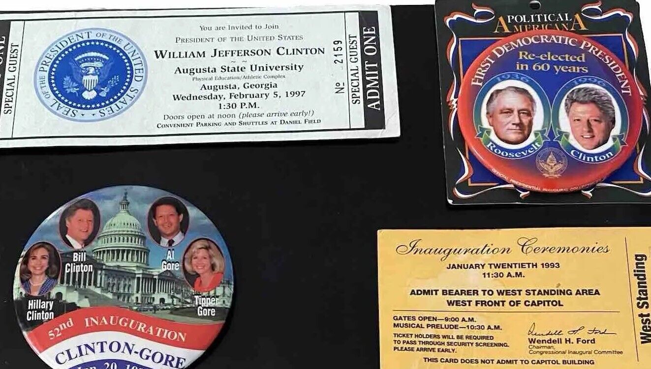 Vintage Clinton/ Gore Campaign Inauguration Ticket 2 Buttons/pins Guest Ticket