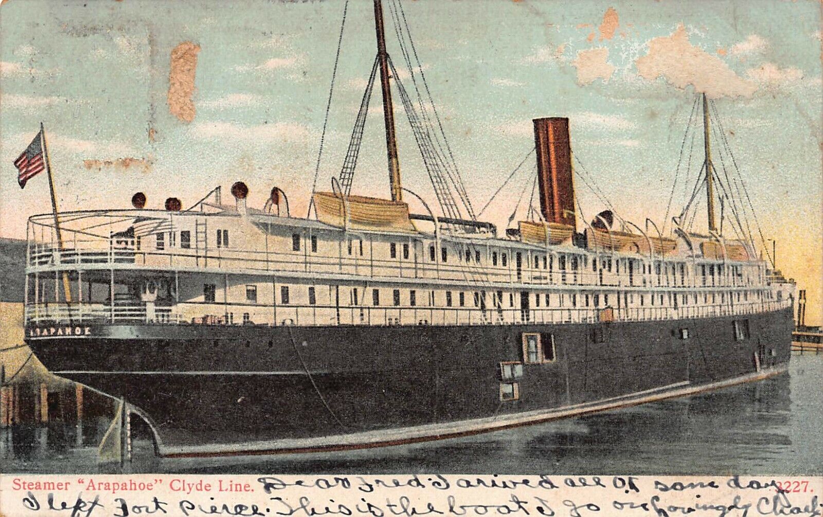 Clyde Line Steamer Arapahoe Vintage 1907 UDB Postcard Ft Pierce Jacksonville FL