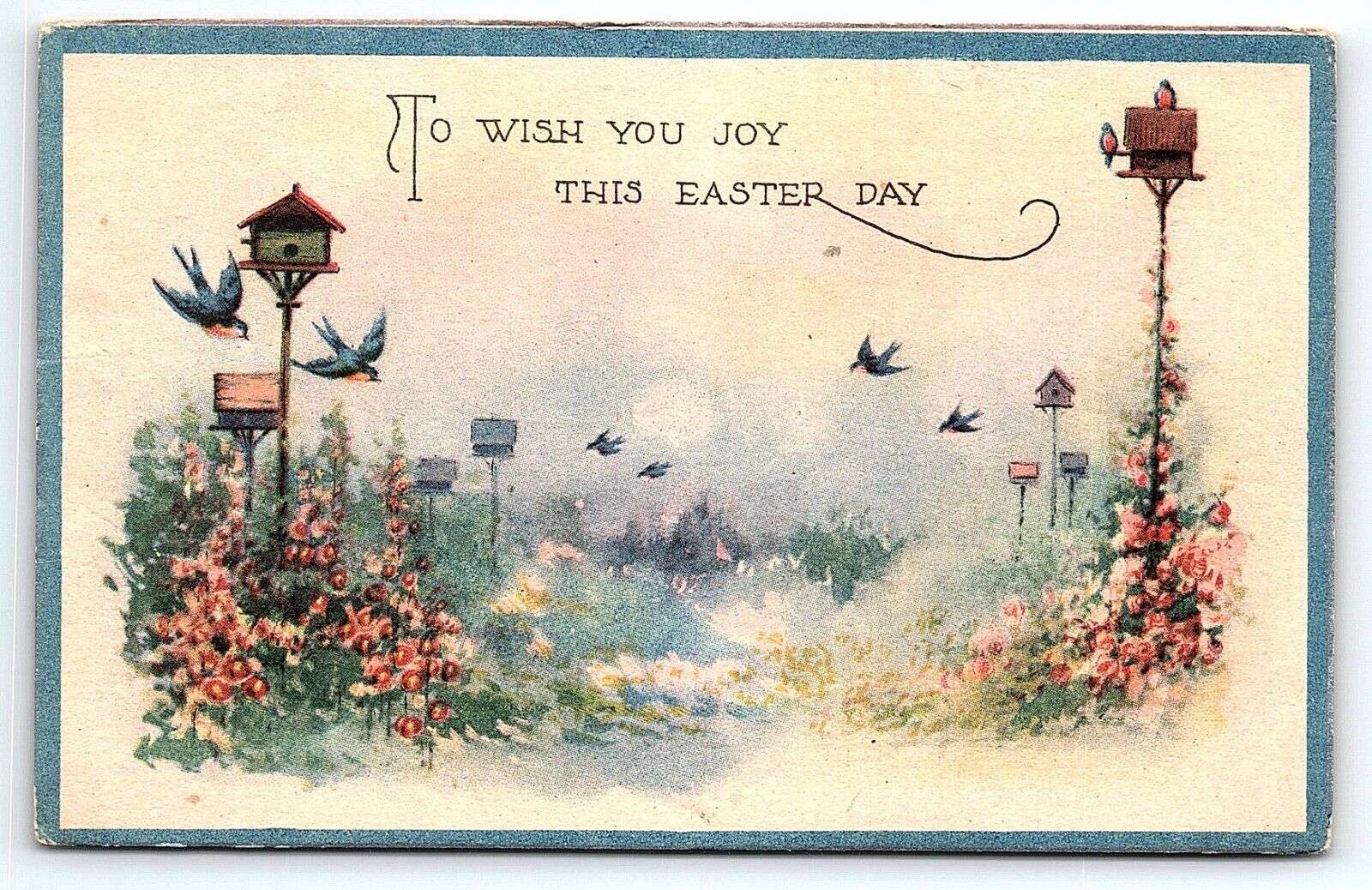 c1920 TO WISH YOU JOY THIS EASTER DAY FLORAL BIRDS BIRDHOUSES POSTCARD P3306