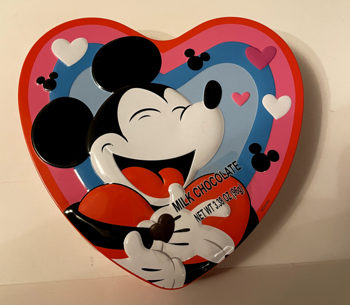 New Mickey Mouse Tin Valentines Day Heart Filled With Sealed Chocolate Hearts