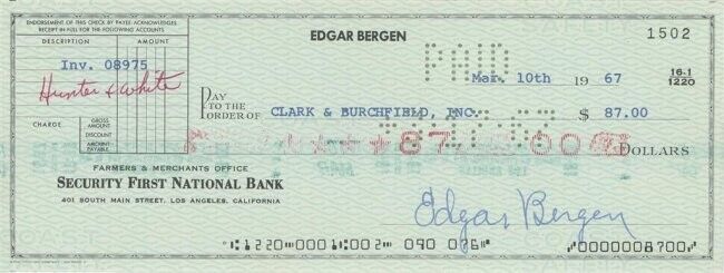 Edgar Bergen- Signed Vintage Bank Check