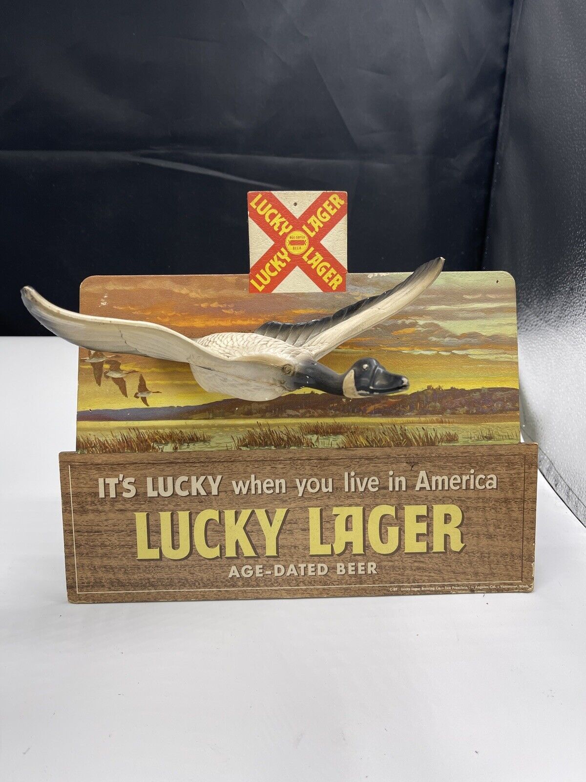Rare Vintage Lucky Lager Beer Sign Goose Geese Hunting Man Cave Bar Art