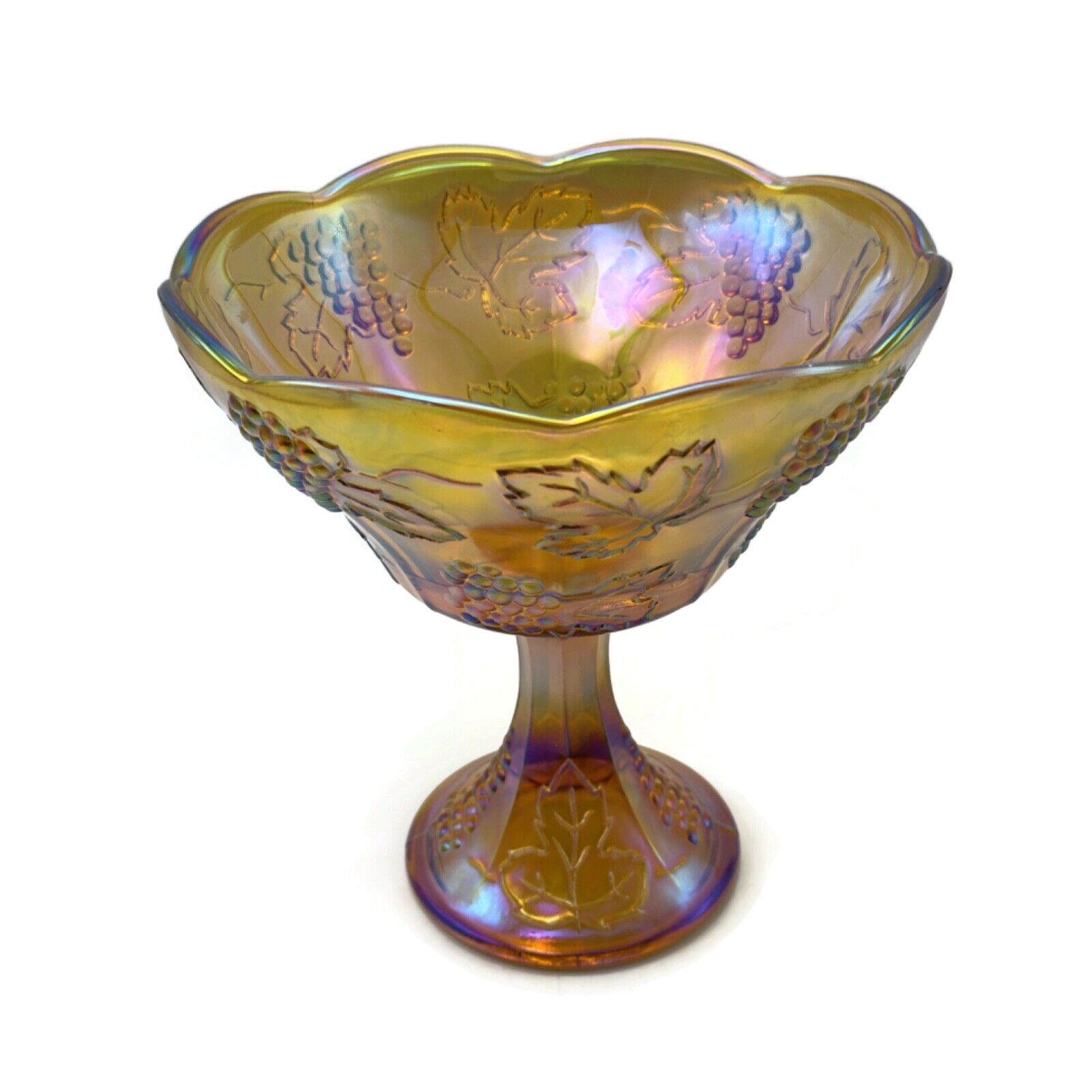 Indiana Glass Co. Marigold Carnival Glass Harvest Grape Pedestal Fruit Bowl