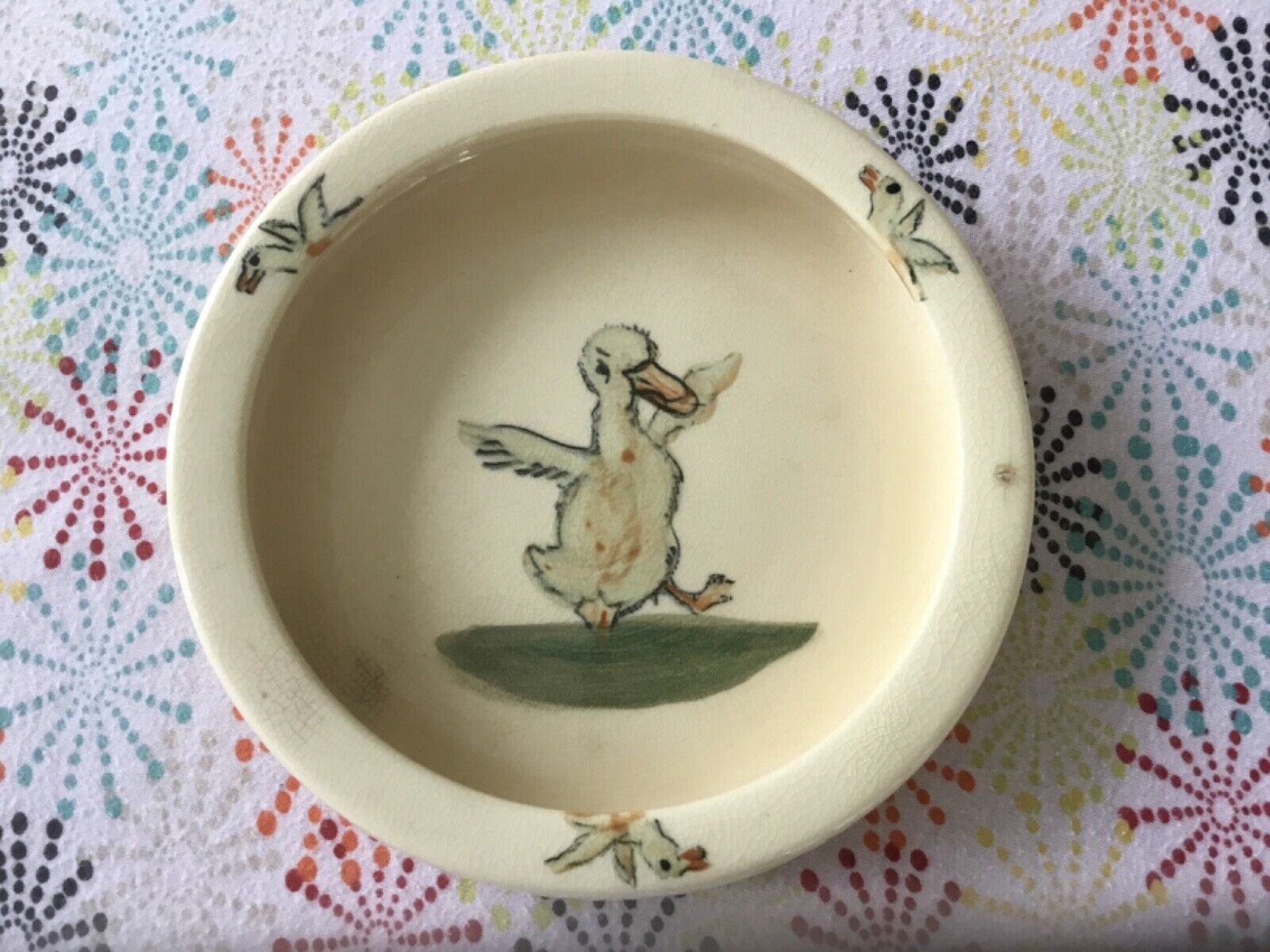 1920s Weller Ware Child\'s Bowl with Ducks Antique Baby Dish Good Condition