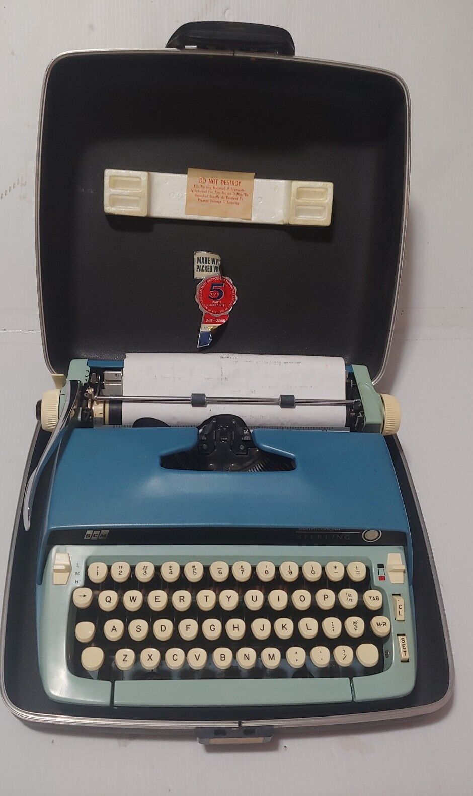 Vintage Smith Corona Sterling Blue Typewriter with Hard Case