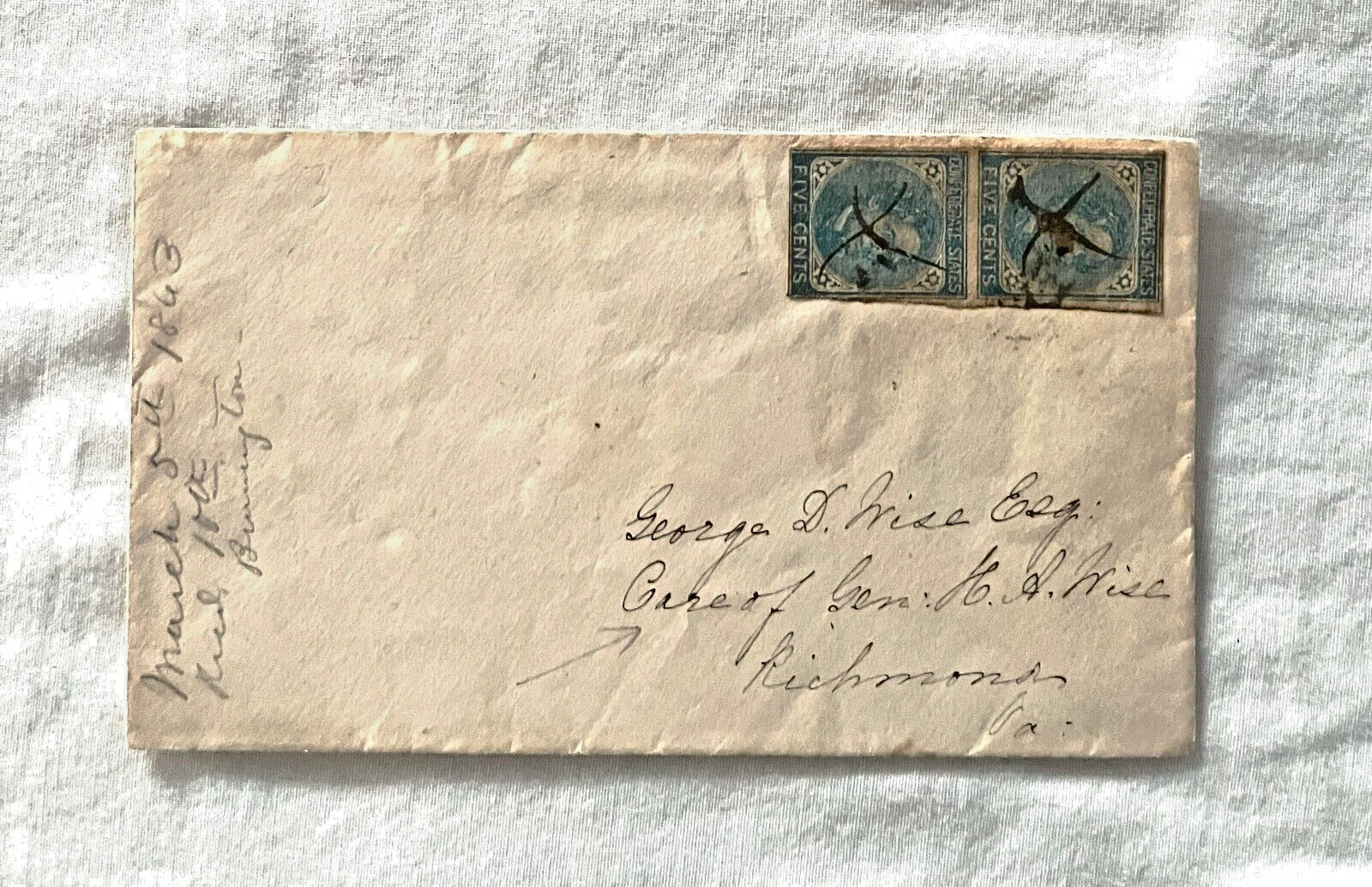 CW Confederate Stamped Cover to George D Wise % Henry A Wise