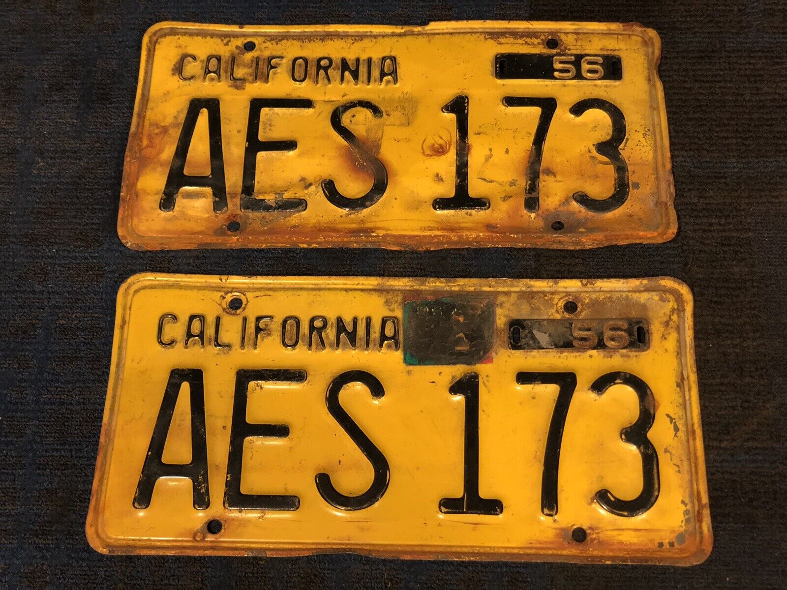 1956 56 California CA license plate set front rear black yellow orange AES 173