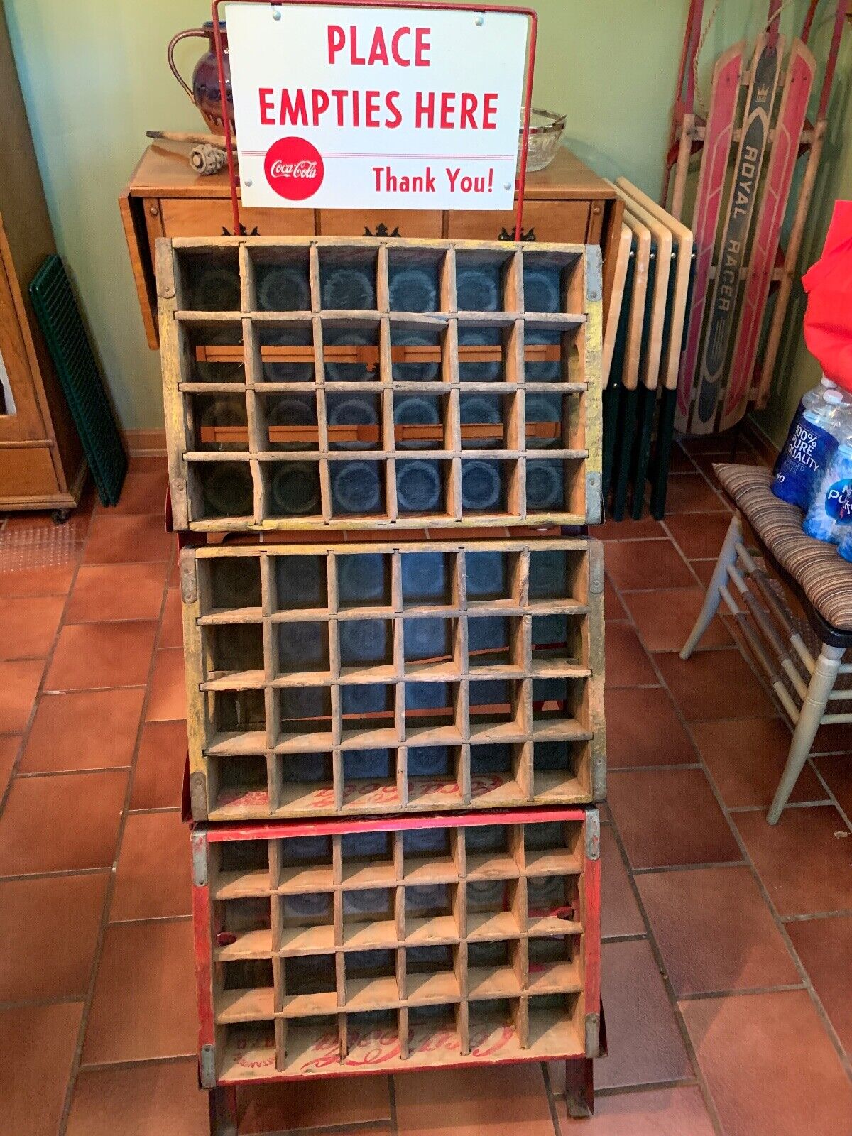 VINTAGE COCA COLA PLACE EMPTIES HERE PLEASE BOTTLE RACK WITH THREE WOODEN CRATES
