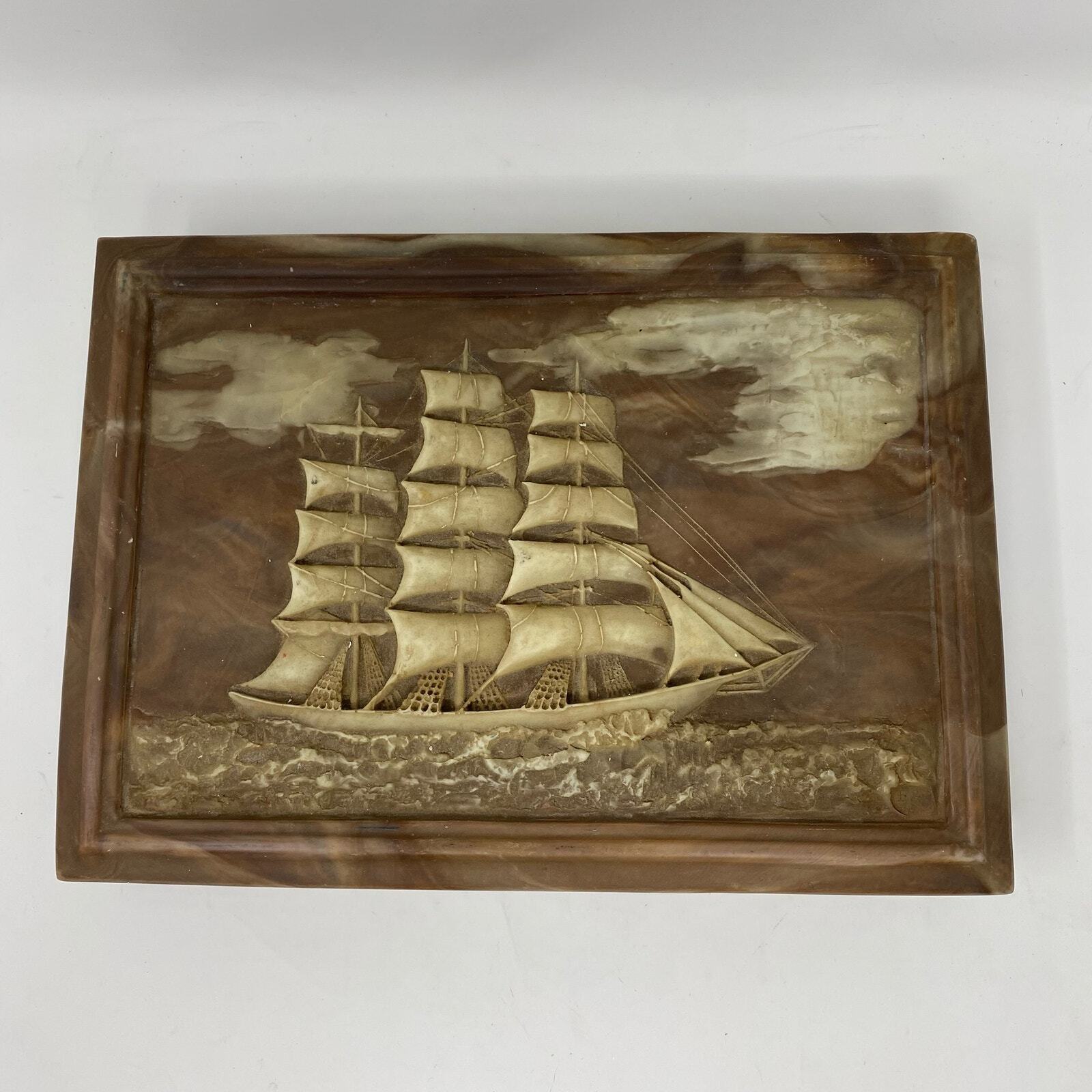 Vintage Dante Tall Ship Incolay stone jewelry box brown