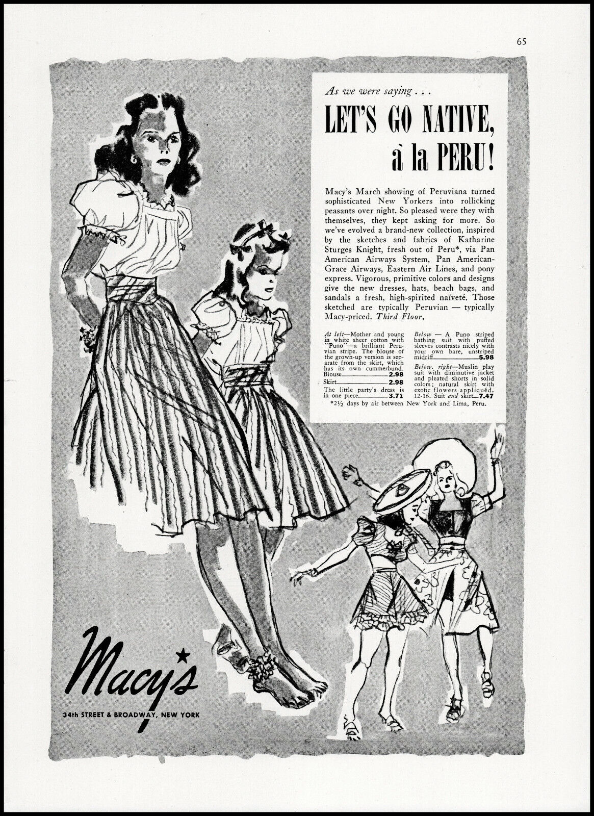 1939 Macy\'s women\'s Girls Peruviana clothing line NYC vintage art print ad S7