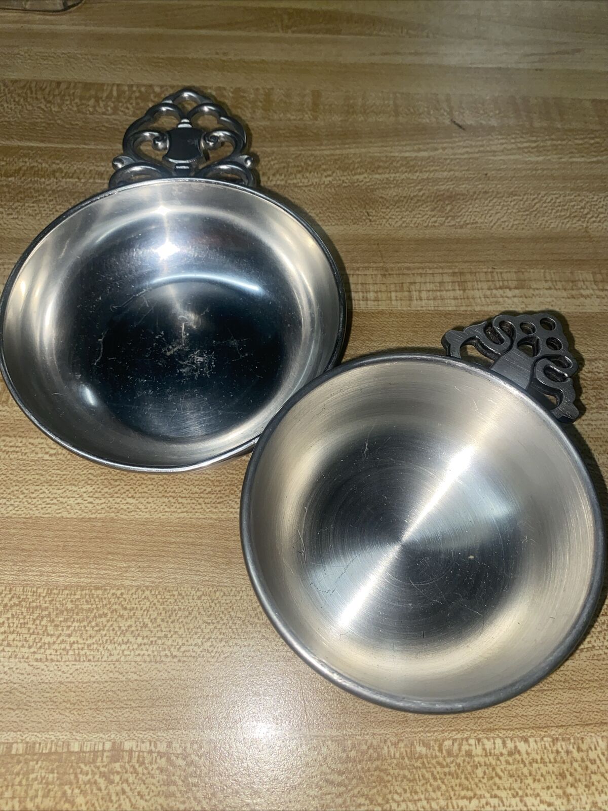 2 Royal Holland & Woodbury Pewter Porringer Bowl Dish Ornate Handles Unmatched