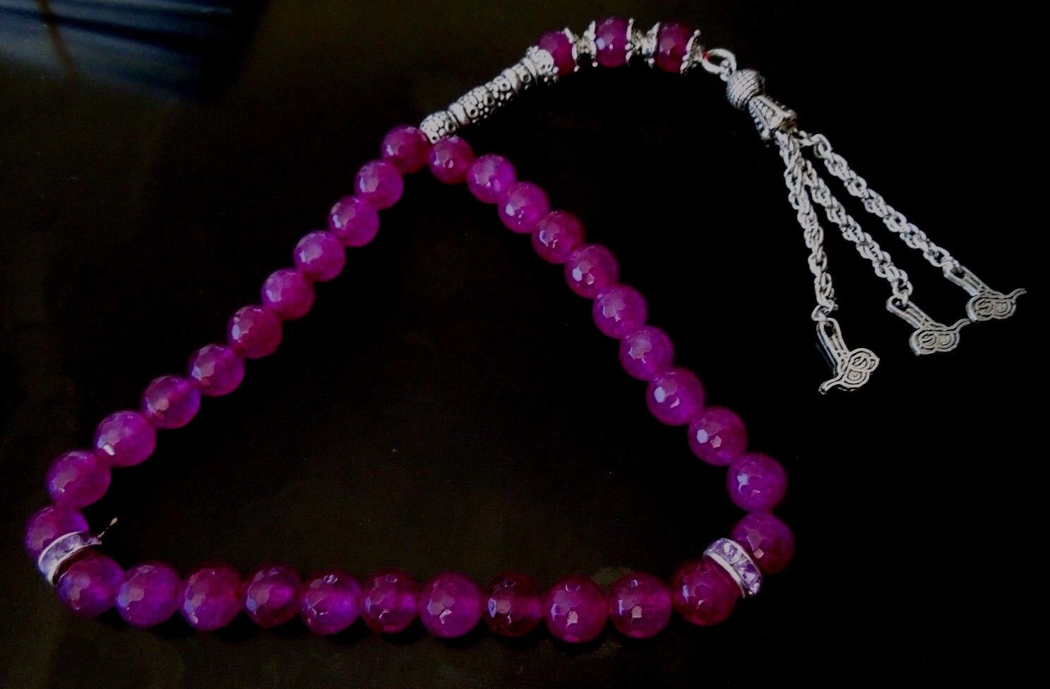 Rose Ruby Royal 140 ct Natural 33 Prayer Beads 8 mm Faceted Silk String Silver