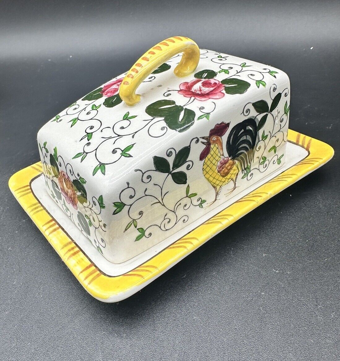 Early Provincial Rooster Roses Ucago Cheese Butter Dish Lid Hand Painted READ