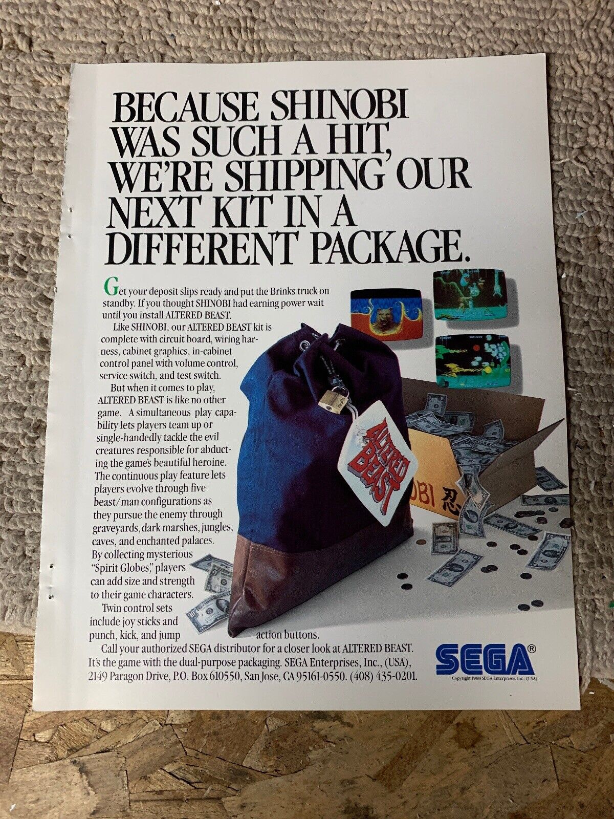 original 1988 ad 11- 8.5\'\' Altered Beast Sega  ARCADE VIDEO GAME FLYER