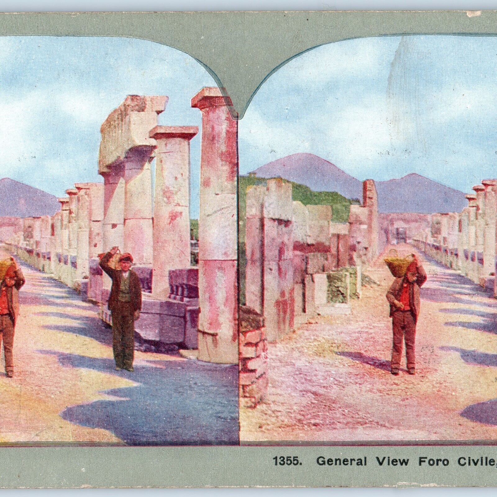 c1900s Pompeii, Italy Foro Civile Mount Vesuvius Litho Photo Stereo Card V10