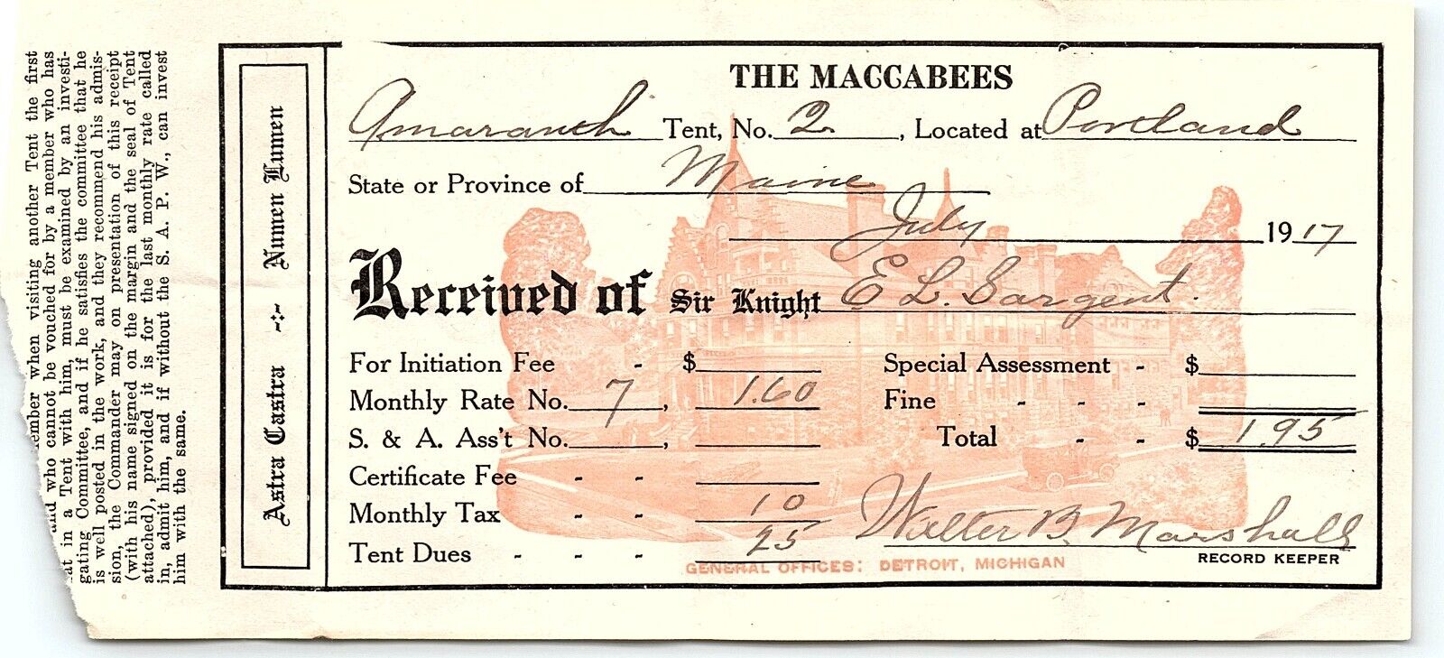 1917 PORTLAND ME KNIGHTS OF THE MACCABEES OF THE WORLD BILLHEAD RECEIPT Z1143