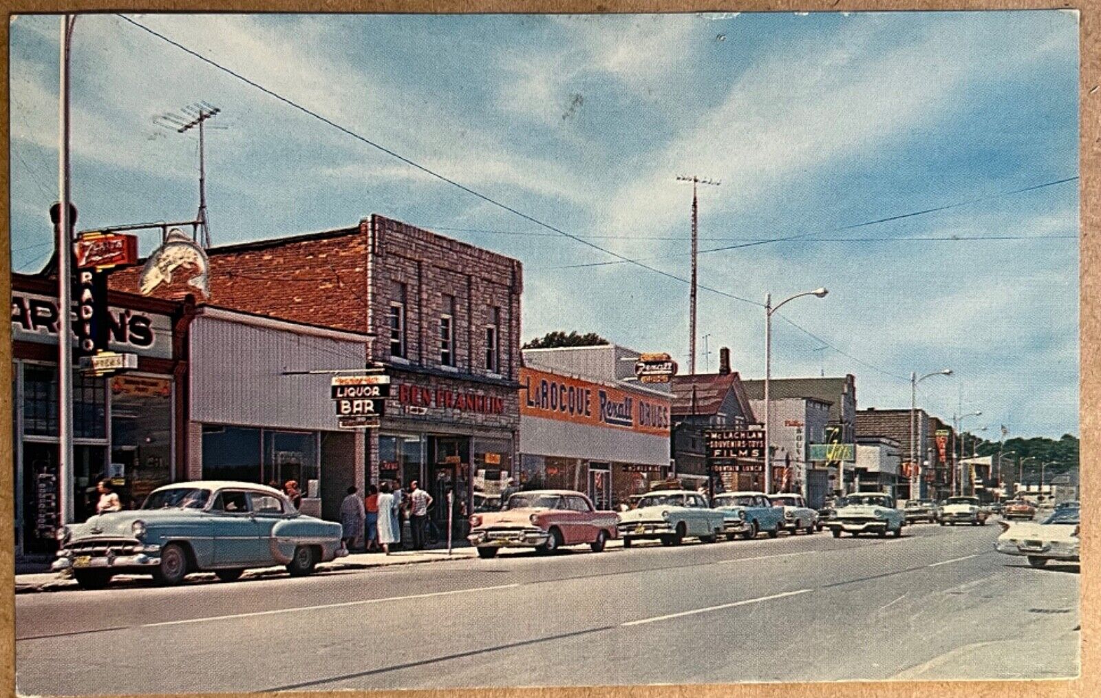 St Ignace Michigan State Street Rexall Drug Store Old Cars Postcard c1960