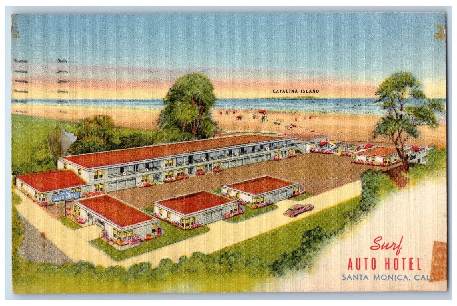 Santa Monic California CA Postcard Surf Auto Hotel Catalina Island Exterior 1946