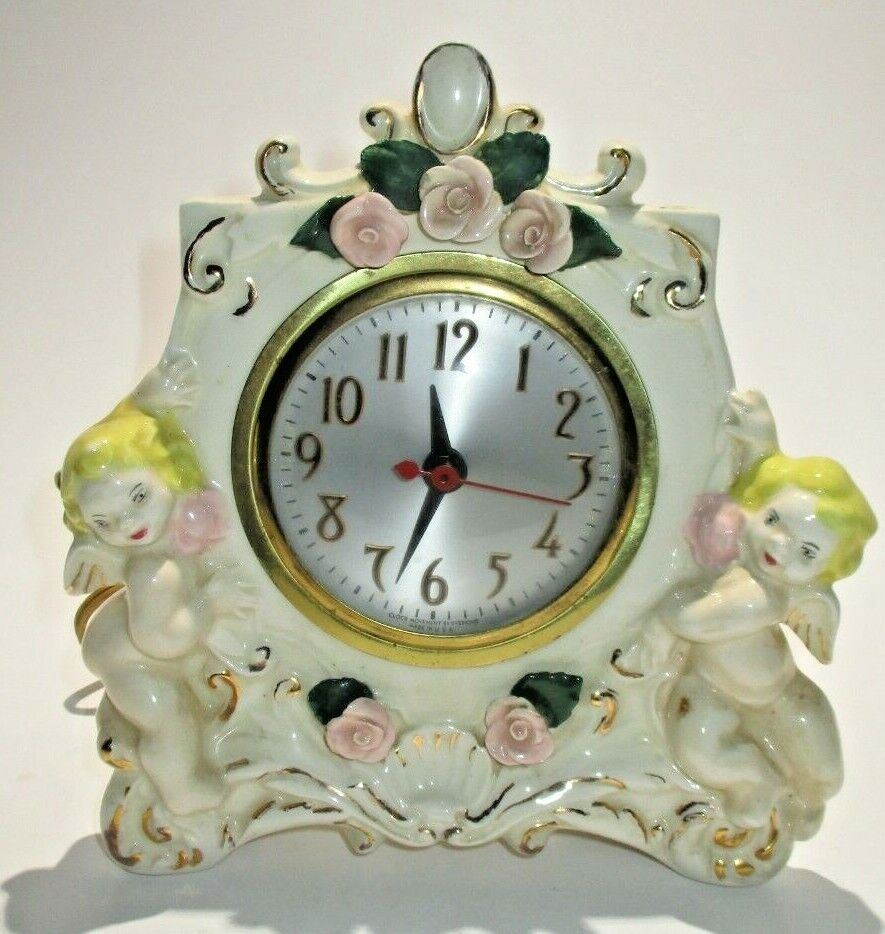 Vintage  Hand Painted Ceramic Clock With Cherubs & Flowers