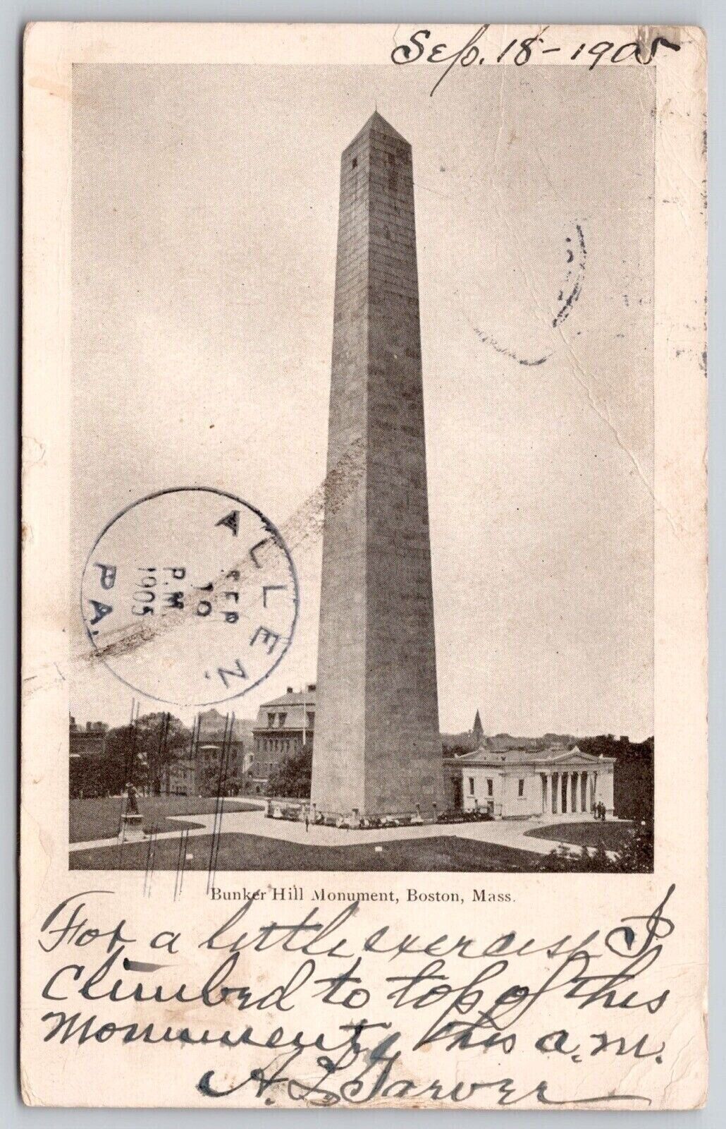 Boston MA Charlestown Bunker Hill Historic Monument UDB Cancel WOB WOF Postcard