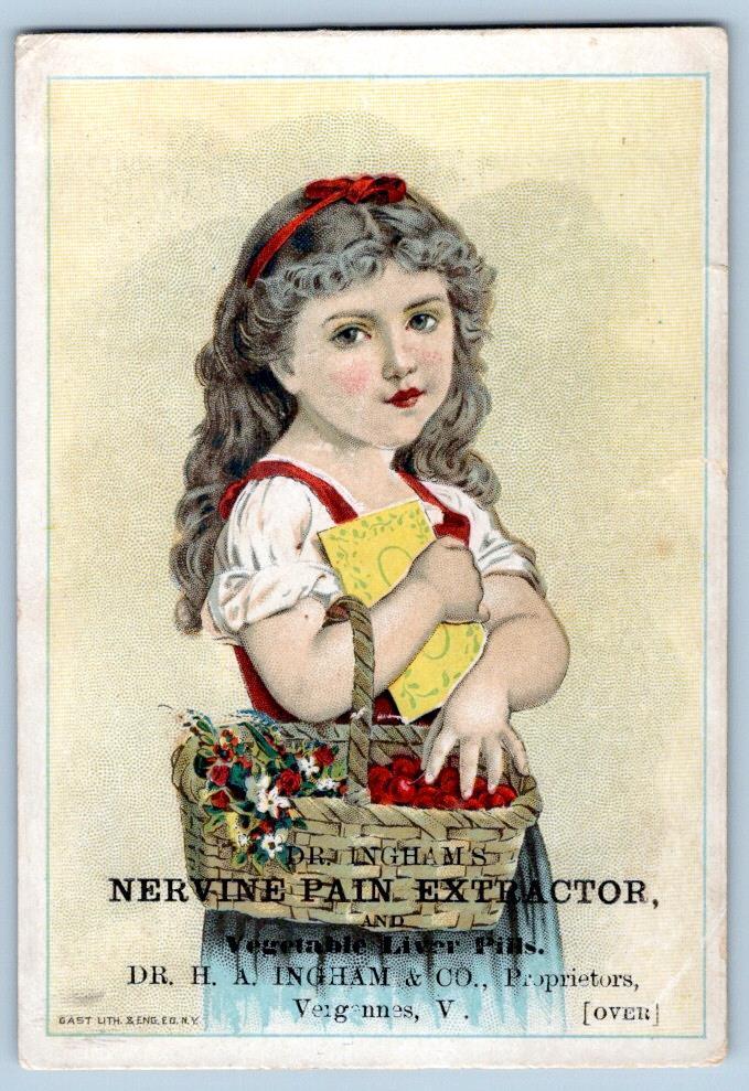 1880\'s DR INGHAM\'S NERVINE PAIN EXTRACTOR LIVER PILLS GAST LITHO VICTORIAN CARD
