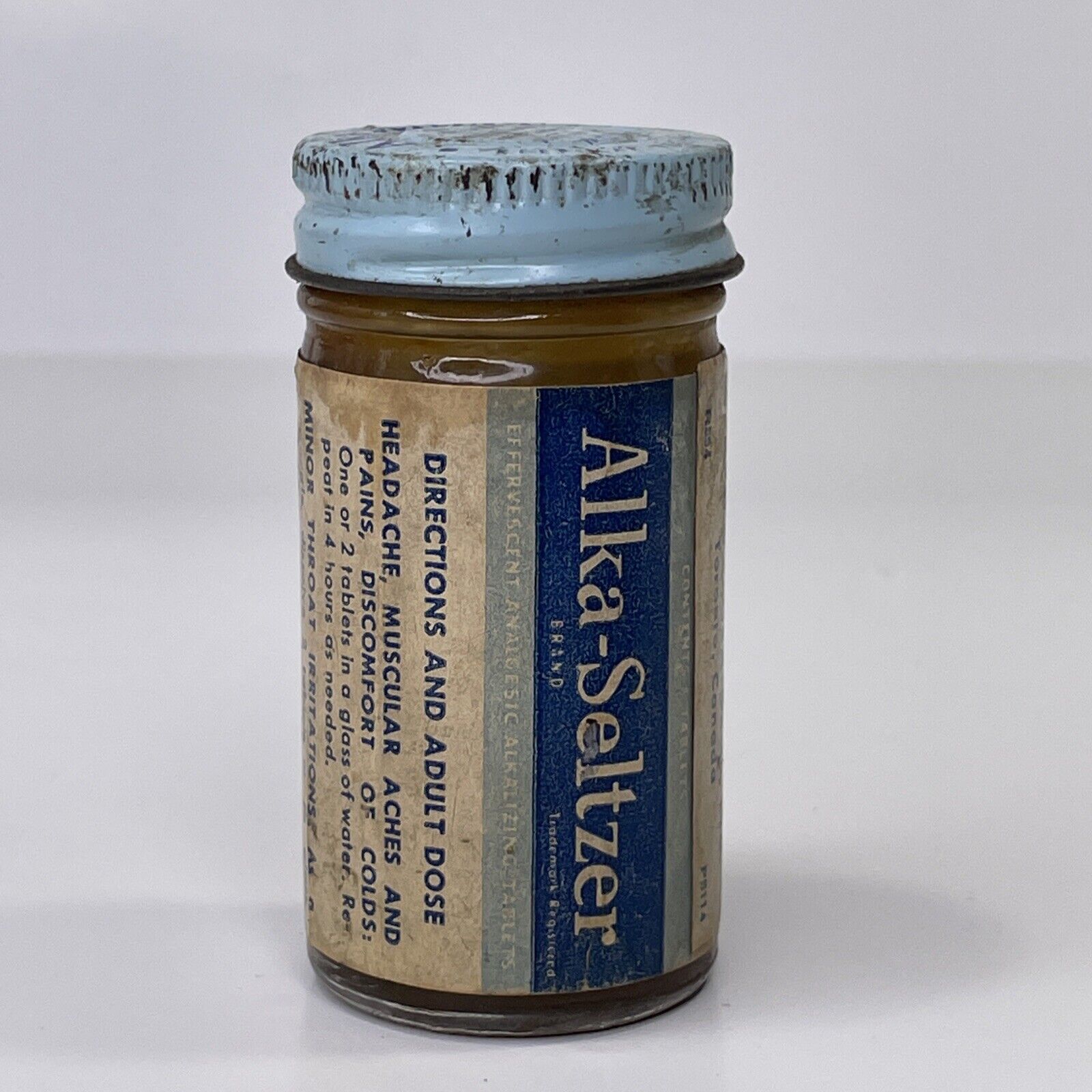 FULL Vintage 1950’s Alka-Seltzer For Edgy Nerves Cobalt Jar Metal Lid 1 1/2 oz