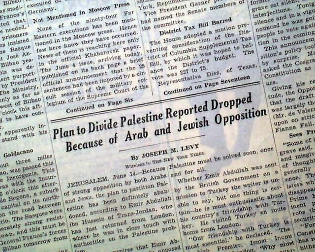 PARTITION PLAN FOR PALESTINE Jews Jewish & Arabs State CANCELLED 1947 Newspaper